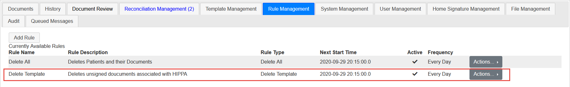 Screenshot of Delete Template Rule Added to List of Rules